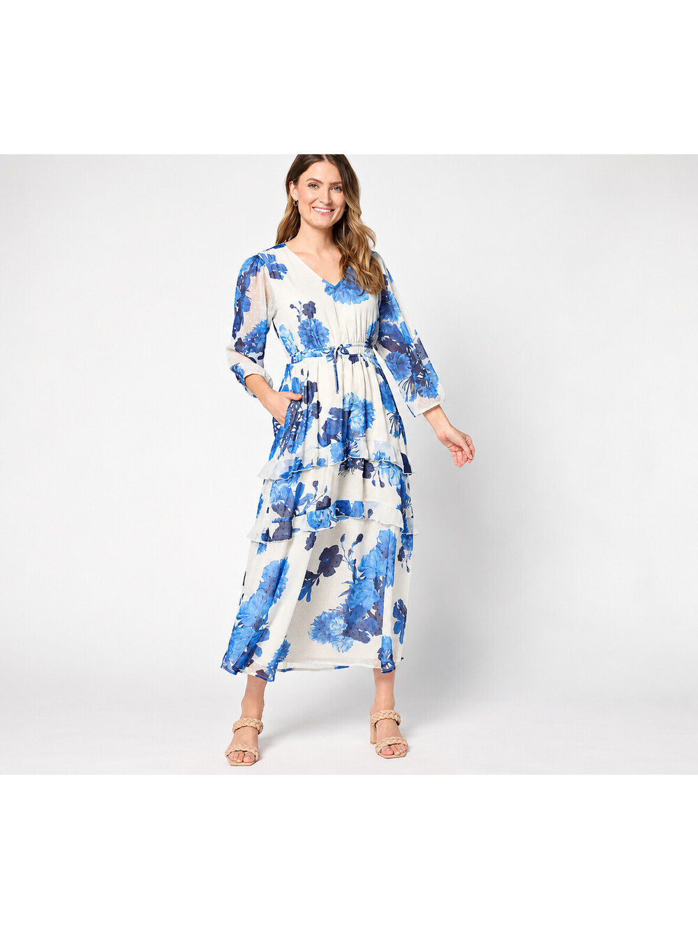 Destination 365 Regular Floral V-Neck Clip Dot Chiffon Maxi Dress White, Small